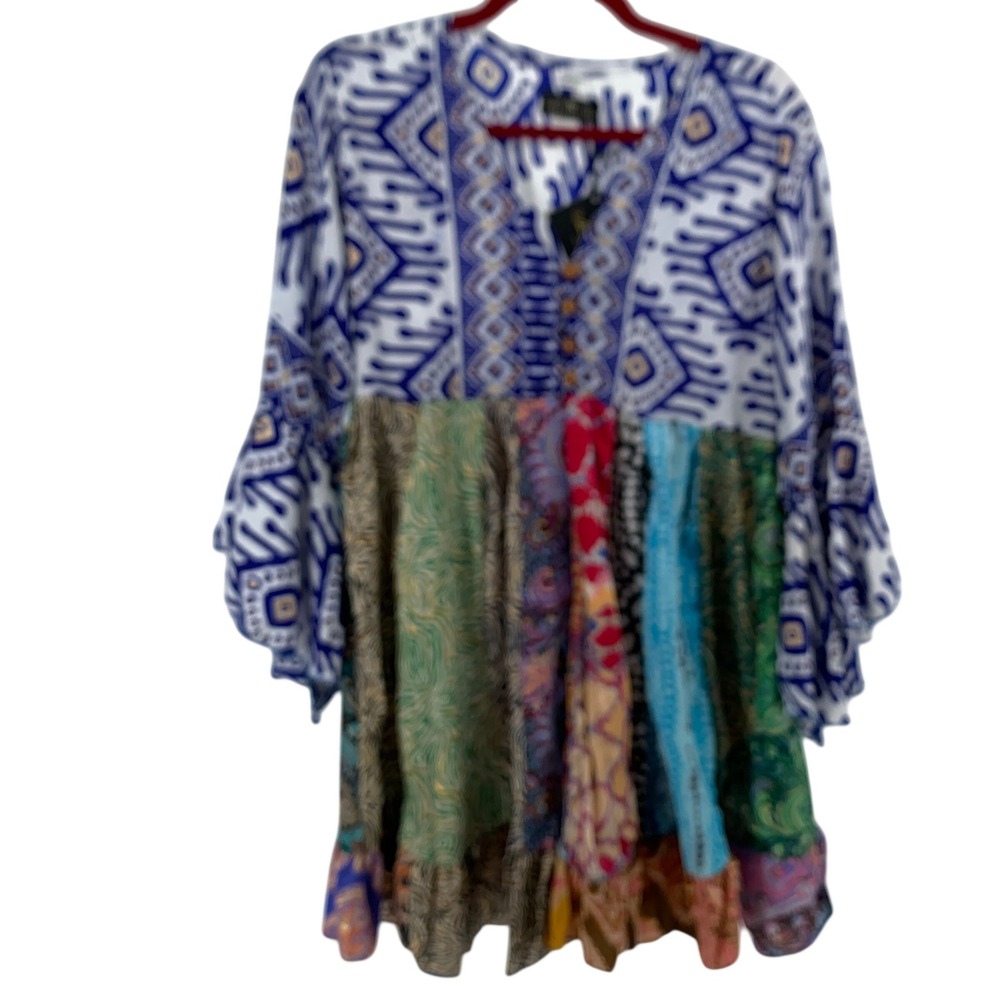 Nazila Couture Silk Blend Mixed Print Empire Waist Tunic Dress Blue Gold Large